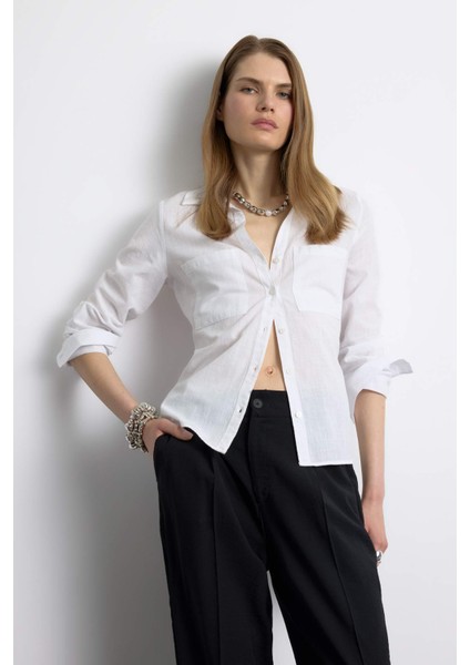 Regular Fit Basic Düz Keten Karışımlı Beyaz Uzun Kollu Gömlek V2522AZ25SP