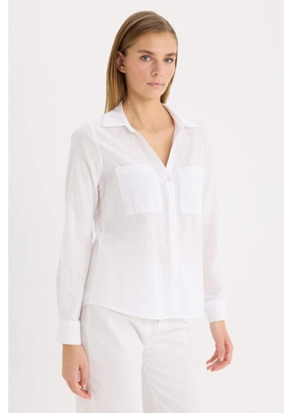 Regular Fit Basic Düz Keten Karışımlı Beyaz Uzun Kollu Gömlek V2522AZ25SP