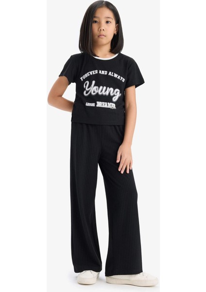 Kız Çocuk 2'li Takım Fitilli Kaşkorse Baskılı Kısa kollu Tişört Wide Leg Geniş Bol Paça Pantolon E0415A825SM fiyatları