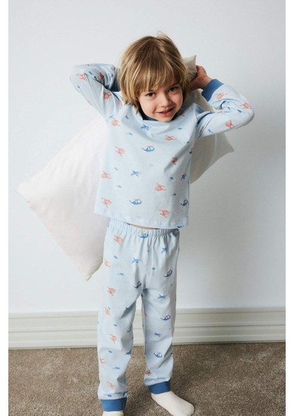 Erkek Bebek Pijama Takımı Penye Desenli Uzun Kollu Üst Beli Lastikli Uzun Alt E0756A525SP