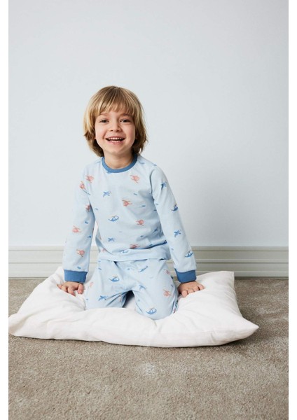 Erkek Bebek Pijama Takımı Penye Desenli Uzun Kollu Üst Beli Lastikli Uzun Alt E0756A525SP