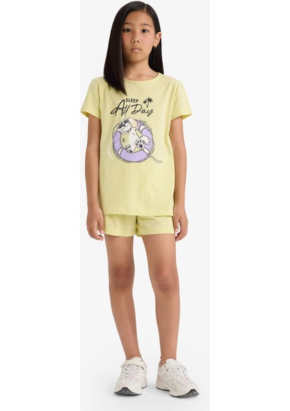 Kız Çocuk Pijama Takımı Baskılı Kısa Kollu Üst Beli Lastikli Şort E0666A825HS