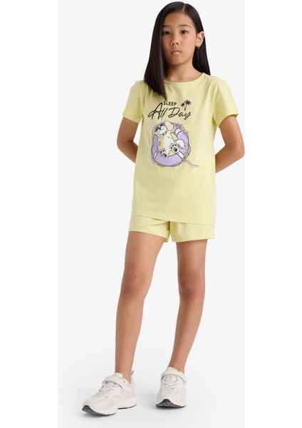 Kız Çocuk Pijama Takımı Baskılı Kısa Kollu Üst Beli Lastikli Şort E0666A825HS