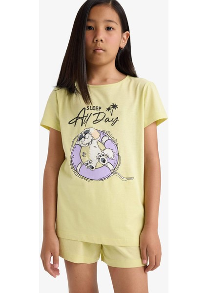 Kız Çocuk Pijama Takımı Baskılı Kısa Kollu Üst Beli Lastikli Şort E0666A825HS