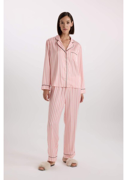 Pijama Takımı Uzun Kollu Çizgili Saten Üst Esnek Belli Uzun Alt-Fall in Love C9445AX25SP