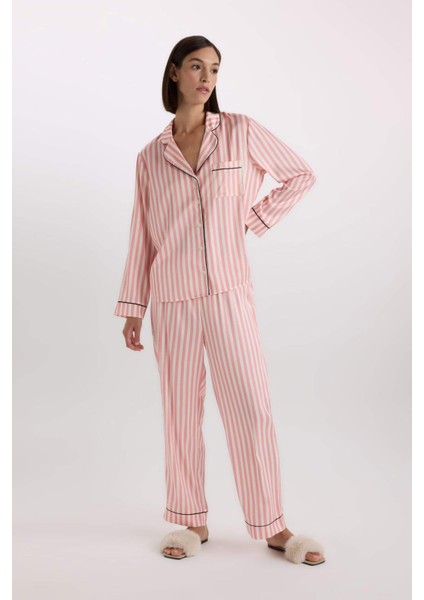 Pijama Takımı Uzun Kollu Çizgili Saten Üst Esnek Belli Uzun Alt-Fall in Love C9445AX25SP