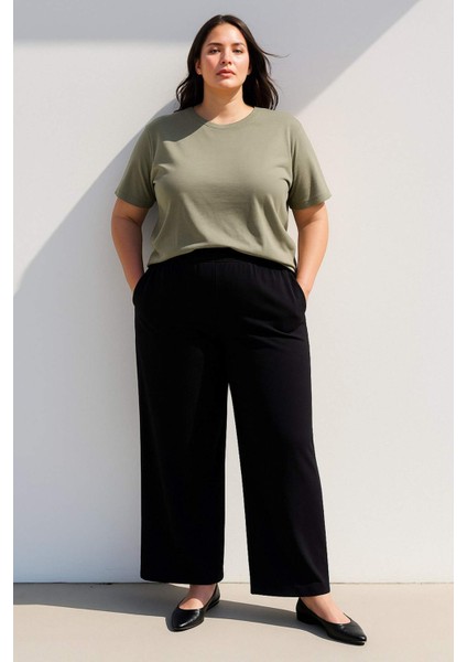Oversize Geniş Kalıp Bisiklet Yaka Basic Düz Penye Kısa Kollu Tişört C0099AX25SP