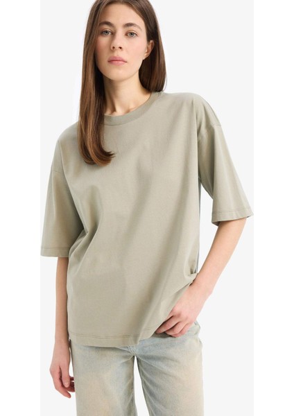 Oversize Geniş Kalıp Bisiklet Yaka Basic Düz Penye Kısa Kollu Tişört C0099AX25SP
