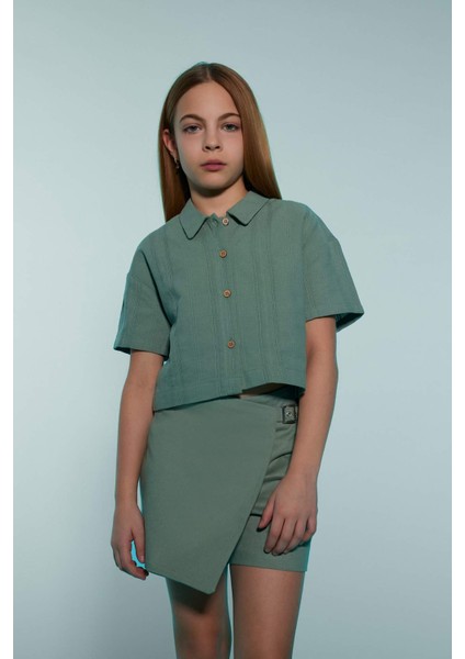 Kız Çocuk Cropped Fit Keten Kısa Kollu Gömlek D9143A825SM