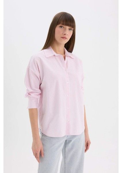 Oversize Geniş Kalıp Çizgili Oxford Uzun Kollu Gömlek D4512AX25SP