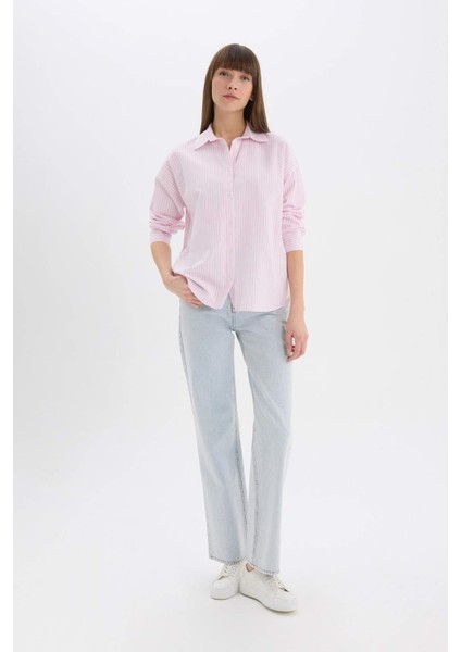Oversize Geniş Kalıp Çizgili Oxford Uzun Kollu Gömlek D4512AX25SP