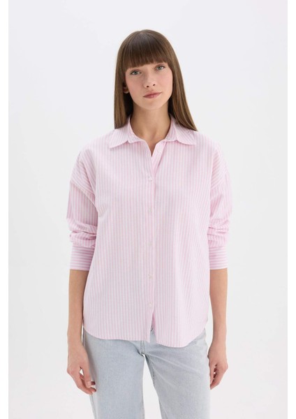 Oversize Geniş Kalıp Çizgili Oxford Uzun Kollu Gömlek D4512AX25SP