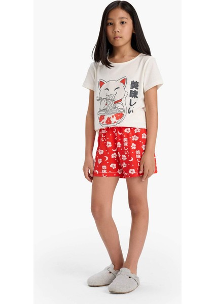 Kız Çocuk Pijama Takımı Baskılı Kısa Kollu Üst Desenli Şort E0530A825HS