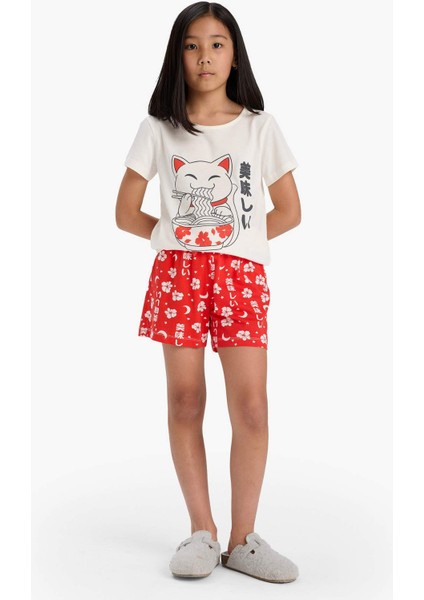 Kız Çocuk Pijama Takımı Baskılı Kısa Kollu Üst Desenli Şort E0530A825HS