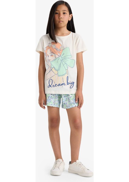 Kız Çocuk Pijama Takımı Baskılı Kısa Kollu Üst Beli Lastikli Şort E0663A825HS