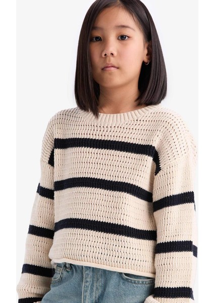 Kız Çocuk Bisiklet Yaka Çizgili Ajurlu Çizgili Triko Kazak D9215A825SP modelleri