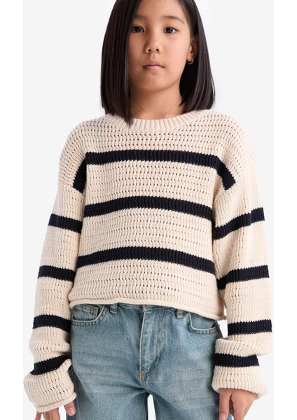Kız Çocuk Bisiklet Yaka Çizgili Ajurlu Çizgili Triko Kazak D9215A825SP indirimleri