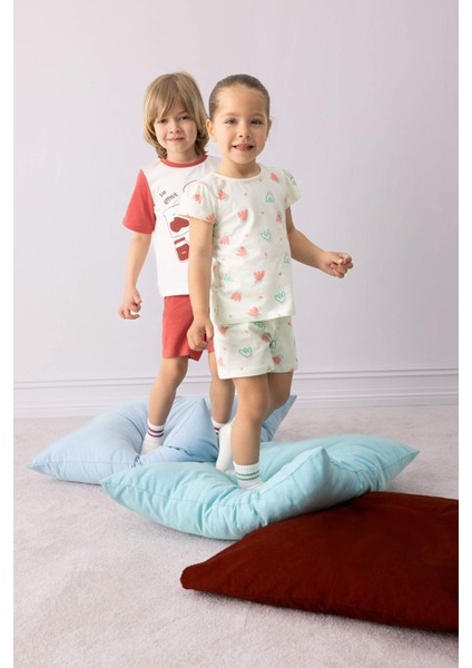 Kız Bebek Pijama Takımı Çiçekli Kısa Kollu Penye Üst Beli Lastikli Şort E4614A525SM