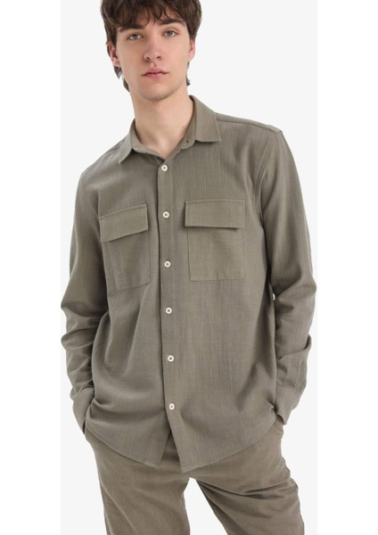 %100 Pamuk Regular Fit Polo Yaka Uzun Kollu Keten Görünümlü Gömlek D6149AX25SP fırsatları