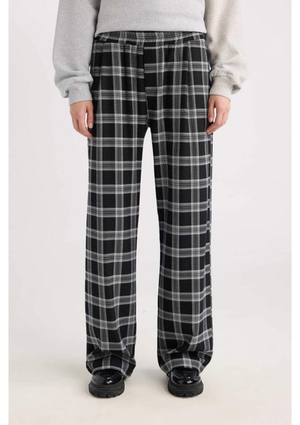 Wide Leg Kumaş Pijama Pantolon Geniş Bol Paça Kareli Normal Bel Lastikli Cepli D9548AX24WN