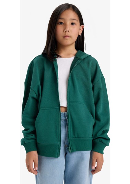 Kız Çocuk Kapüşonlu Basic Düz Cepli Fermuarlı Sweatshirt D9079A825SP