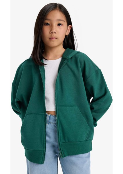 Kız Çocuk Kapüşonlu Basic Düz Cepli Fermuarlı Sweatshirt D9079A825SP