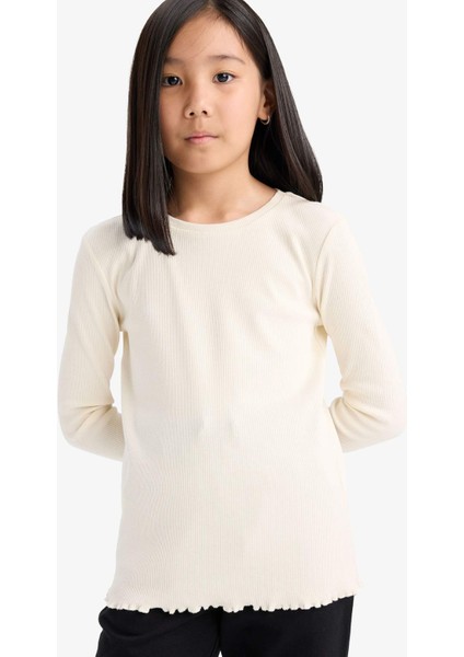 Kız Çocuk Okula Dönüş Slim Fit Dar Kesim Bisiklet Yaka Ribana Uzun Kollu Basic Düz Tişört B7452A825SP
