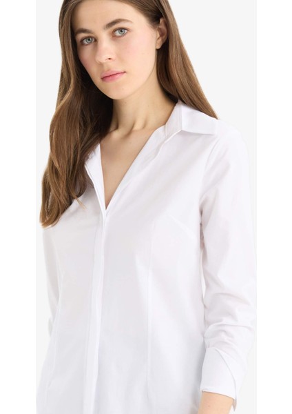 Fitted Bengalin Uzun Kollu Basic Düz Beyaz Gömlek Y4651AZ25SM