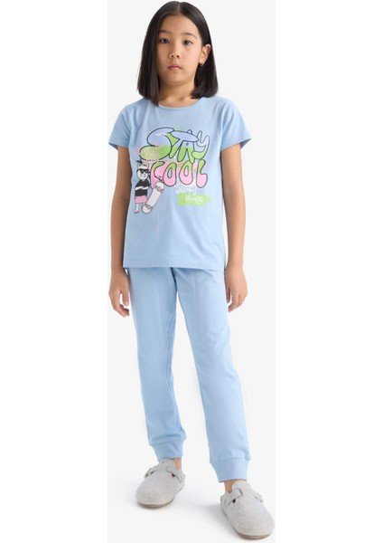 Kız Çocuk Pijama Takımı Kısa Kollu Baskılı Üst Esnek Belli Uzun Alt E0539A825SM