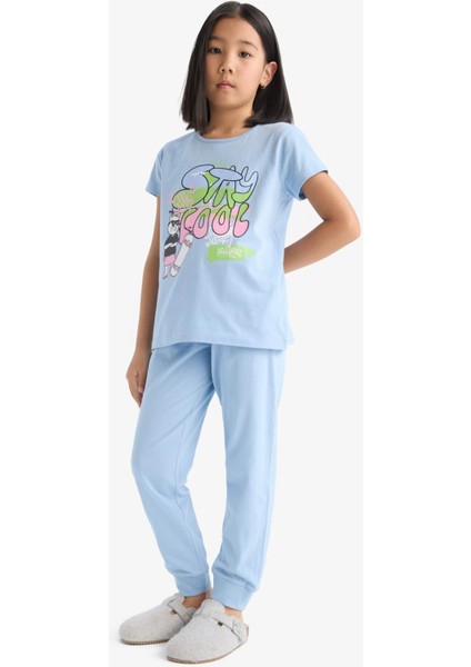 Kız Çocuk Pijama Takımı Kısa Kollu Baskılı Üst Esnek Belli Uzun Alt E0539A825SM