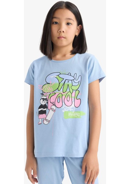 Kız Çocuk Pijama Takımı Kısa Kollu Baskılı Üst Esnek Belli Uzun Alt E0539A825SM