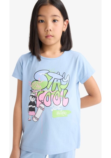 Kız Çocuk Pijama Takımı Kısa Kollu Baskılı Üst Esnek Belli Uzun Alt E0539A825SM