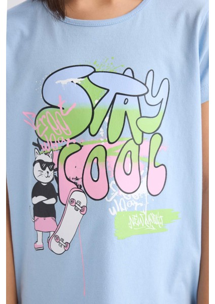Kız Çocuk Pijama Takımı Kısa Kollu Baskılı Üst Esnek Belli Uzun Alt E0539A825SM