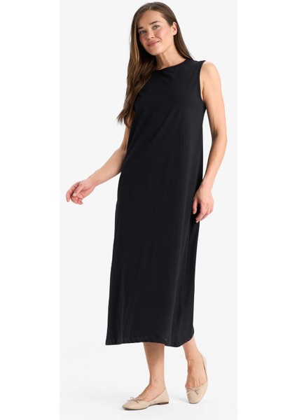 Regular Fit Bisiklet Yaka Basic Düz Penye Kolsuz Midi Elbise C9686AX25SM