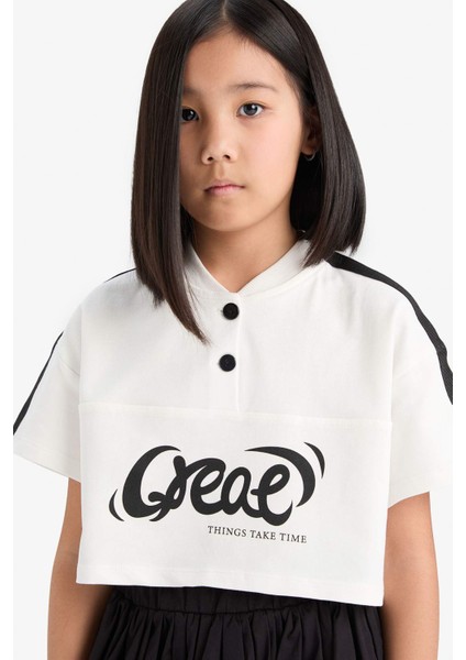 Kız Çocuk Crop Bisiklet Yaka Düğmeli Baskılı Kısa Kollu Tişört E1881A825SM
