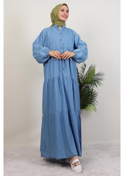 Düğmeli Kot Elbise Mavi modelleri