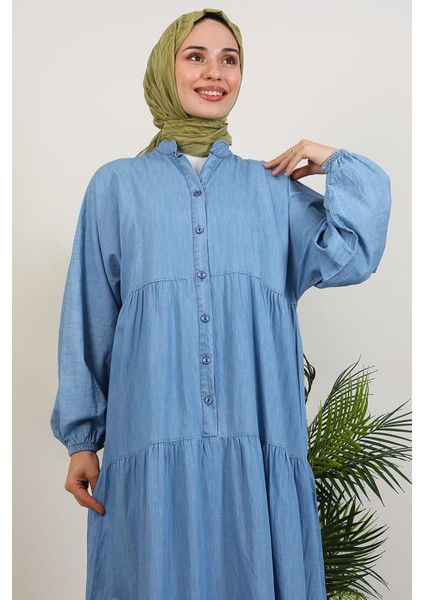 Düğmeli Kot Elbise Mavi indirimleri