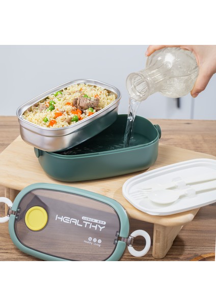 Posima 3114-2 Stainless Steel Vakumlu Lunch Box Tek Katlı Paslanmaz Çelik Kilitlenir Kendinden Kaşıklı Sefer Tası Yemek Termosu – 750ML Yeşil