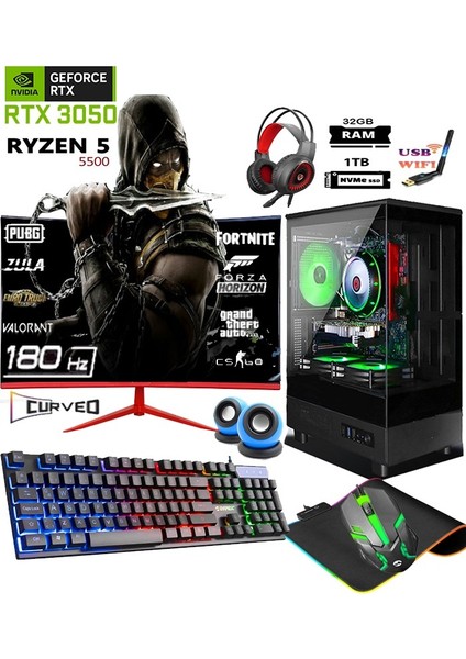 TC65X Ryzen 5 5500 32GB 1tb M.2 Nvme SSD RTX3050 Gddr6 24" 180Hz Oyuncu Masaüstü Bilgisayarı Hazır Sistem