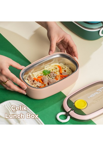 Posima 3114 Stainless Steel Vakumlu Lunch Box Tek Katlı Paslanmaz Çelik Kolay Kilitlenir Kendinden Kaşıklı Sefer Tası – 750ML Pembe modelleri