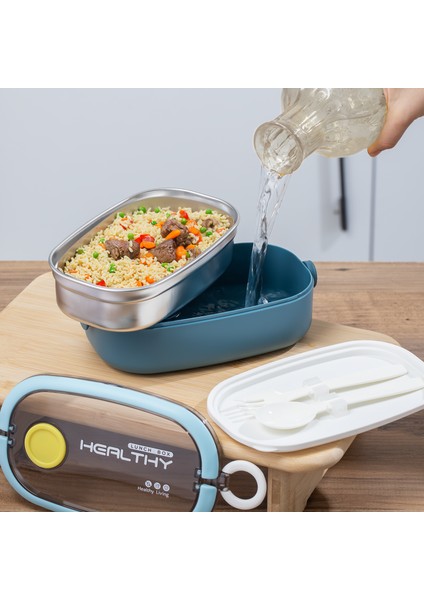Posima 3114-1 Stainless Steel Vakumlu Lunch Box Tek Katlı Paslanmaz Çelik Kolay Kilitlenir Kendinden Kaşıklı Sefer Tası – 750ML Mavi