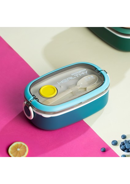 Posima 3114-1 Stainless Steel Vakumlu Lunch Box Tek Katlı Paslanmaz Çelik Kolay Kilitlenir Kendinden Kaşıklı Sefer Tası – 750ML Mavi fırsatları