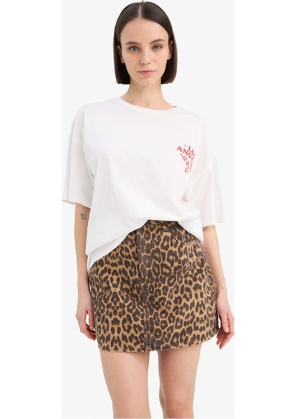 Coool Leopar Desenli Normal Bel Gabardin Mini Etek E4398AX25SP modelleri