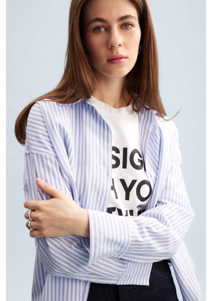 Oversize Geniş Kalıp Çizgili Oxford Uzun Kollu Gömlek D4512AX25SP