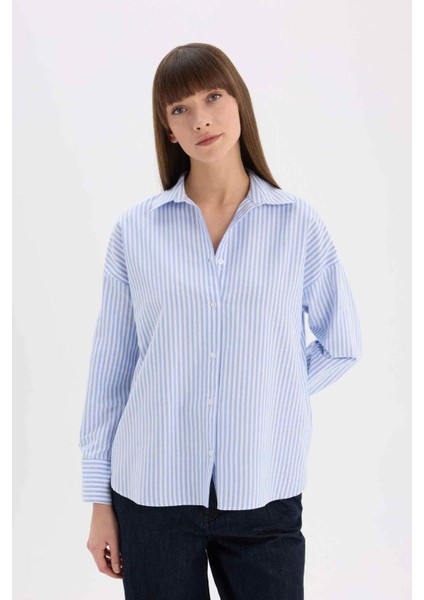Oversize Geniş Kalıp Çizgili Oxford Uzun Kollu Gömlek D4512AX25SP fırsatları