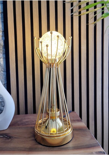 Gold Kaplama Sude Model Metal Ayaklı LED Işıklı Baloncuklu Kristal Taşlı Abajur Masa Lambası Modeli