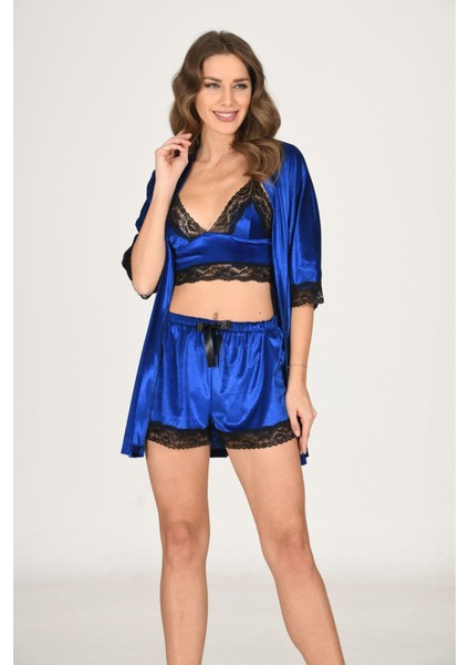 Saks Mavi Kadife Dantelli Sabahlık & Gecelik Takım 3' Lü - 1436 - Beden S/m 11