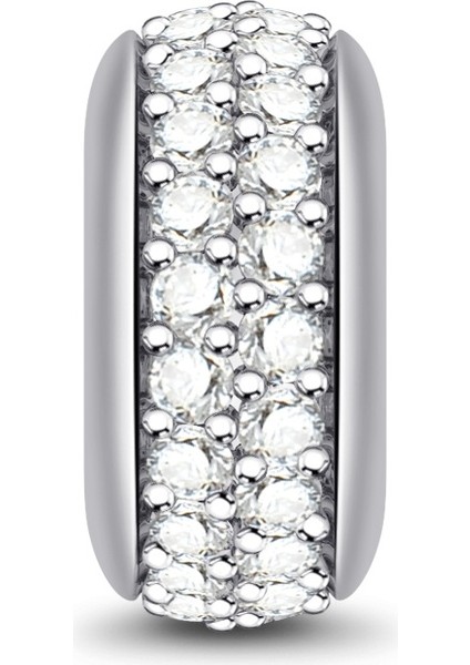 Beyaz Yuvarlak Taşlarla Işlenmiş Gümüş Stoper Charm, 925 Ayar Gümüş