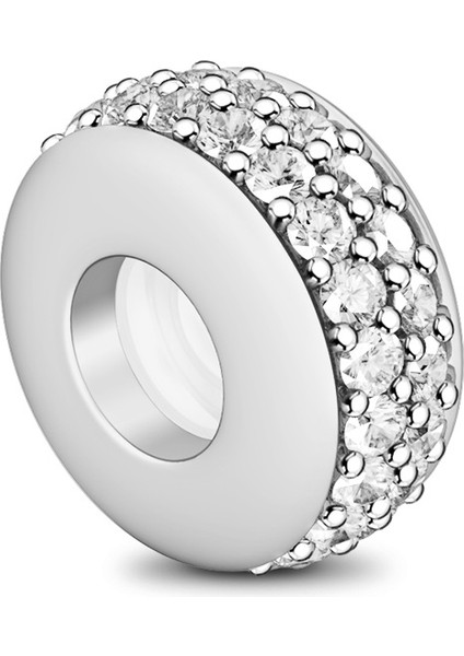 Beyaz Yuvarlak Taşlarla Işlenmiş Gümüş Stoper Charm, 925 Ayar Gümüş fiyatları