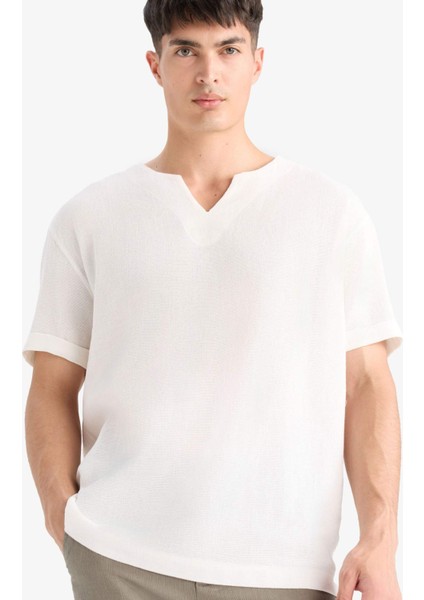 %100 Pamuk Regular Fit Yazlık V Yaka Pamuklu Kısa Kollu Gömlek X9812AZ25SM